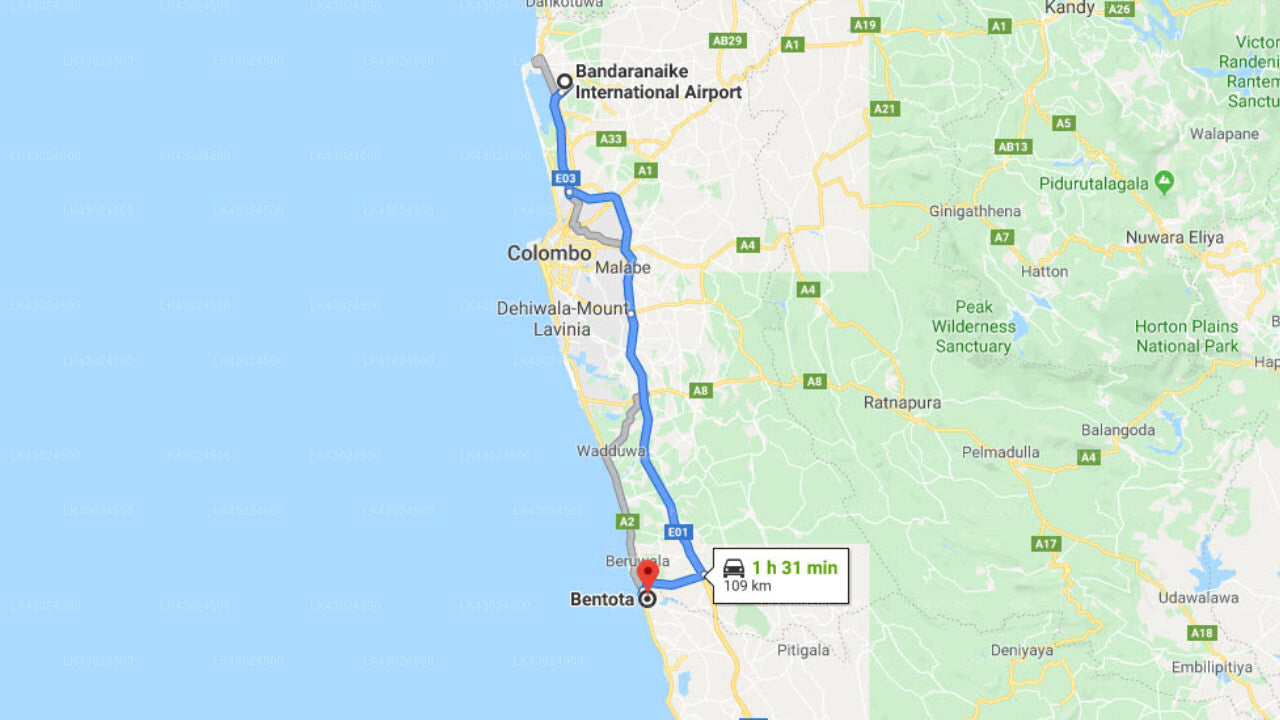 Transfer between Colombo (CMB) Airport and Club Villa, Bentota