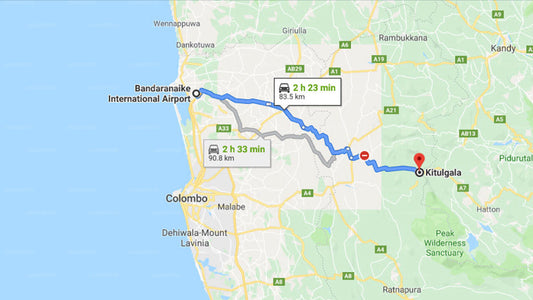 Transfer between Colombo Airport (CMB) and Hotel Miyora, Kitulgala