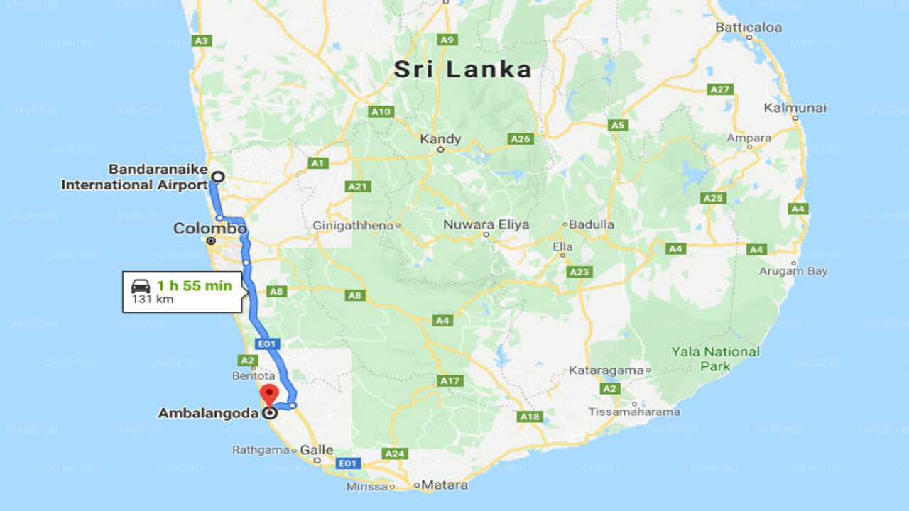 Transfer between Colombo Airport (CMB) and Holiday Bungalow, Ambalangoda