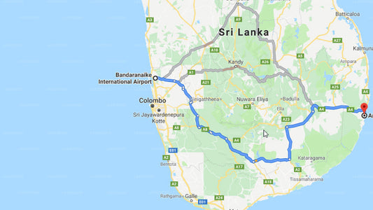 Transfer between Colombo Airport (CMB) and Kudakalliya Surf Bungalow, Arugam Bay
