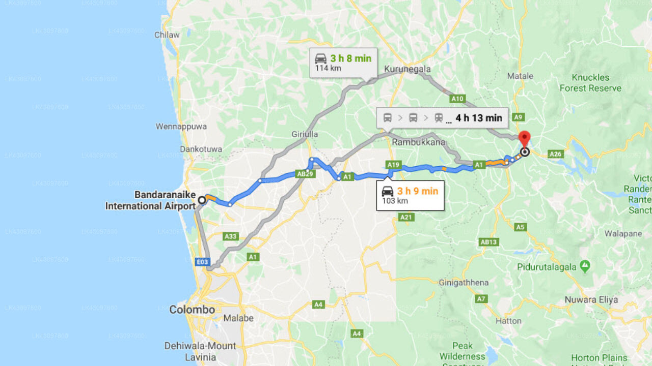 Transfer between Colombo Airport (CMB) and Periwinkle Bungalow, Kandy