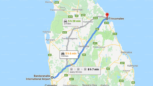 Transfer between Colombo Airport (CMB) and Sea Lotus Park Hotel, Trincomalee