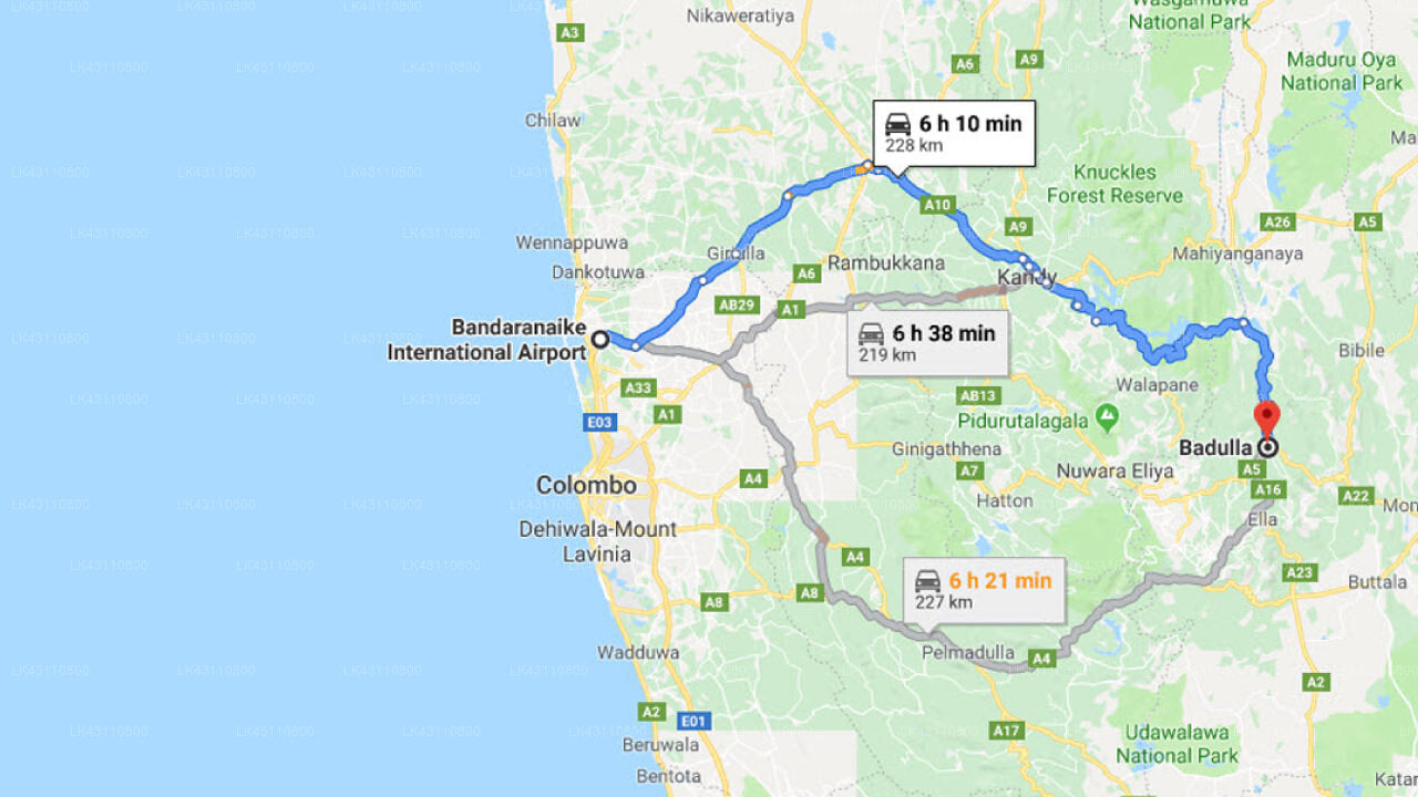 Transfer between Colombo Airport (CMB) and Hotel Onix, Badulla