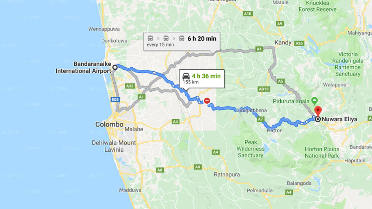 Transfer between Colombo Airport (CMB) and Pleasant Villa, Nuwara Eliya