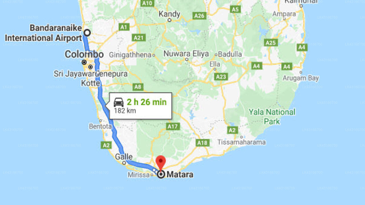 Transfer between Colombo Airport (CMB) and Villa Ferola, Matara