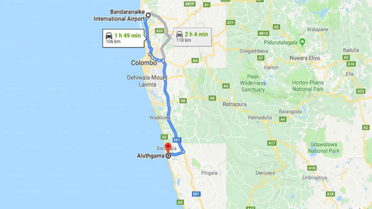 Transfer between Colombo Airport (CMB) and Hotel Orchid, Aluthgama