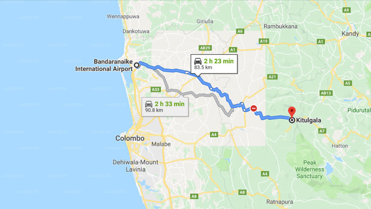 Transfer between Colombo Airport (CMB) and Palmstone Retreat, Kitulgala