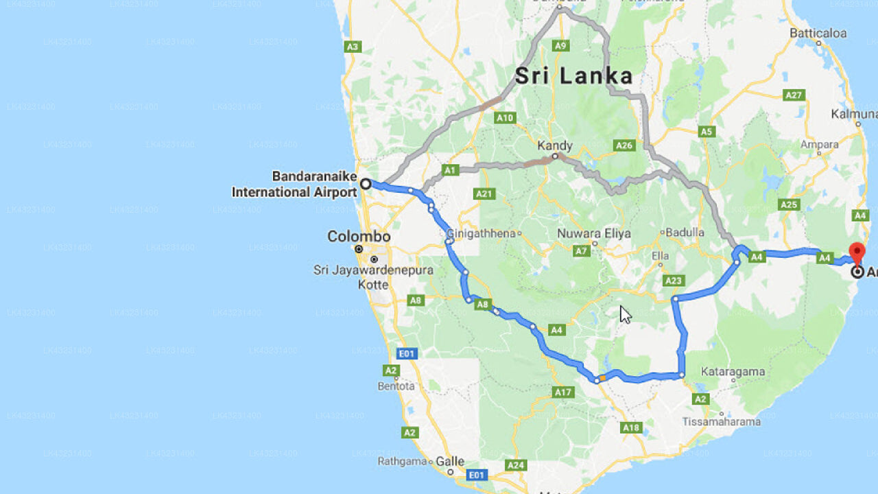 Transfer between Colombo Airport (CMB) and The Arugam Hostel, Arugam Bay