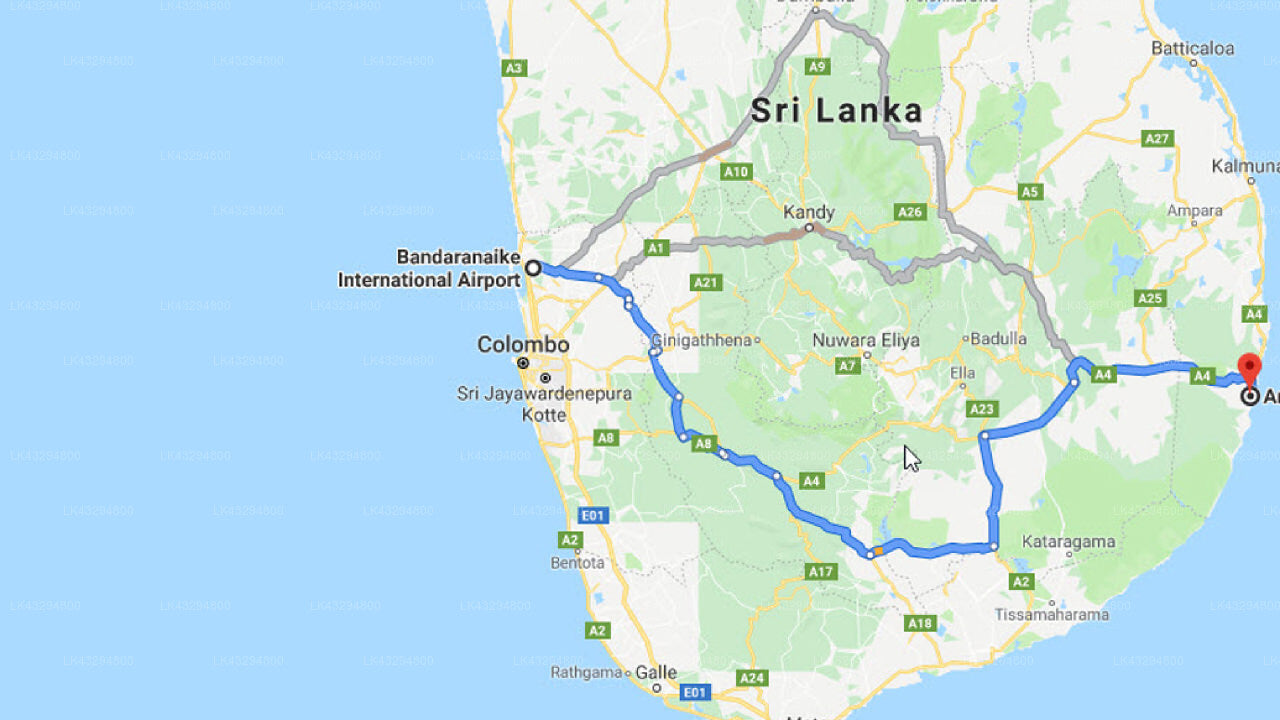 Transfer between Colombo (CMB) Airport and Aprota Villas, Arugam Bay